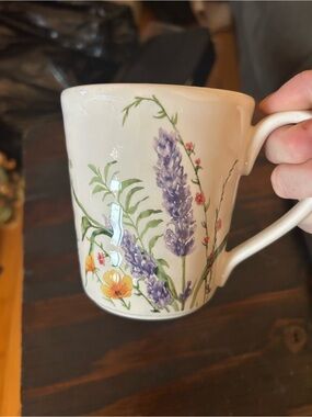 Pier 1 White Floral Lavender Ceramic Coffee Mug